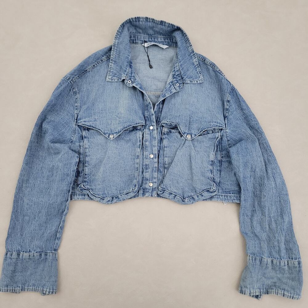 Zara Cropped Denim Blue Long Sleeve Blouse Top Jacket Silver Snap Buttons XL